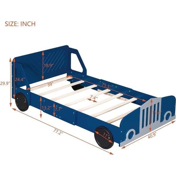 dimension image slide 1 of 6, Twin/Full Car Bed for Kids, Car Shaped Platform Bed with Wheels, Headboard and Footboard, Toddler Car Bed Slat Support