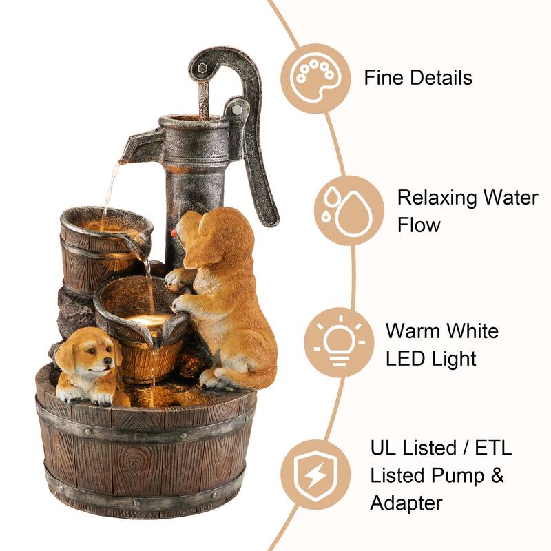 Glitzhome 23.75"H Cute Dog Playing Around the Water Pump Polyresin Outdoor Fountain with Pump and LED Light