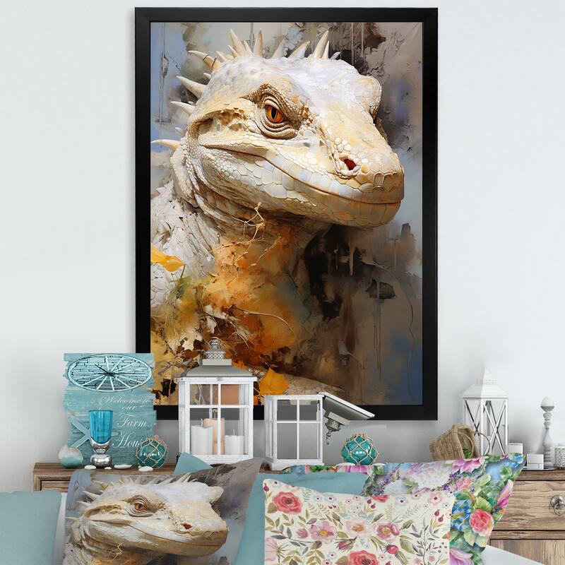 Designart "Curious Reptile Amphibian I" Reptile/Amphibian Framed Canvas Wall Art - 12 in. wide x 20 in. high - Black