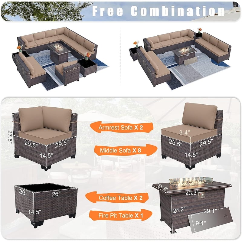 Kullavik 13 Pieces Outdoor Patio Furniture Set with Fire Pit Table
