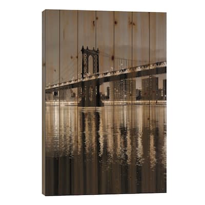 Manhattan Bridge At Night Print On Wood by Alan Blaustein - Multi-Color