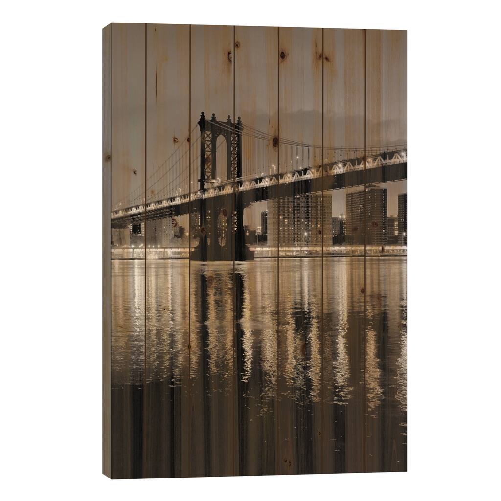 Manhattan Bridge At Night Print On Wood by Alan Blaustein - Multi-Color