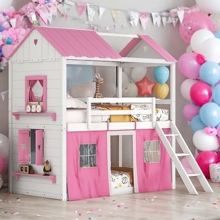 Twin over Twin Wood Bunk Bed With Elegant Windows,Sills and Tent for Bedroom