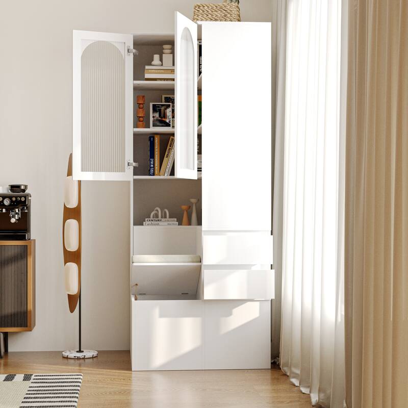 Entryway Cabinet Tempered Glass DoorsStorage Bench with Cushion, Modern Mudroom Hall Tree Organizer with Hidden Storage