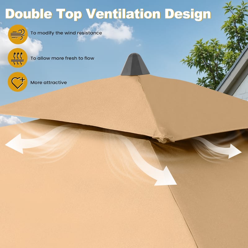 9PC Outdoor Patio Dining Set WoodLike Aluminum Umbrella Hole Table with Folding Chairs,Double Top Market Umbrella and Wheel Base