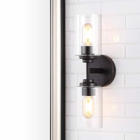 Giles 16" 2-Light Farmhouse Industrial Iron Cylinder LED Sconce, Oil Rubbed Bronze/Clear by JONATHAN Y - One