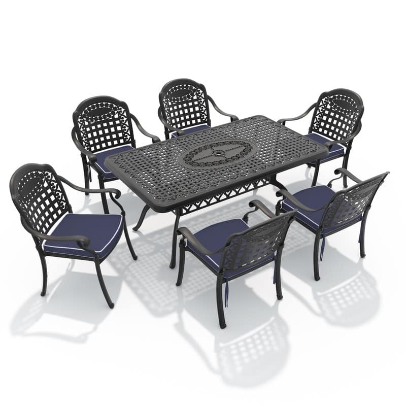 7-Piece Cast Aluminum Outdoor Dining Set with Rectangular Table and Seat Cushions