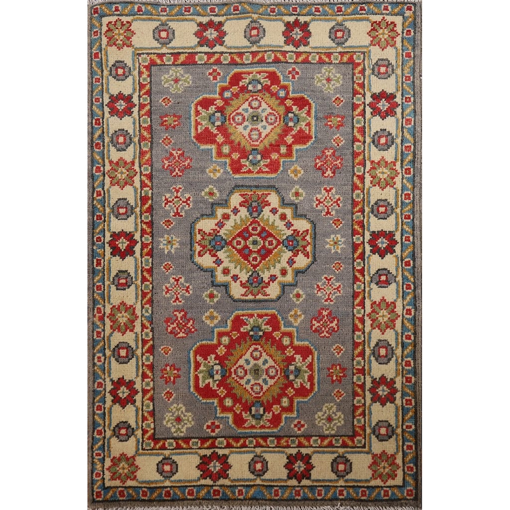 Gray Geometric Kazak Oriental Foyer Rug Handmade Wool Carpet - 2'0" x 3'0"