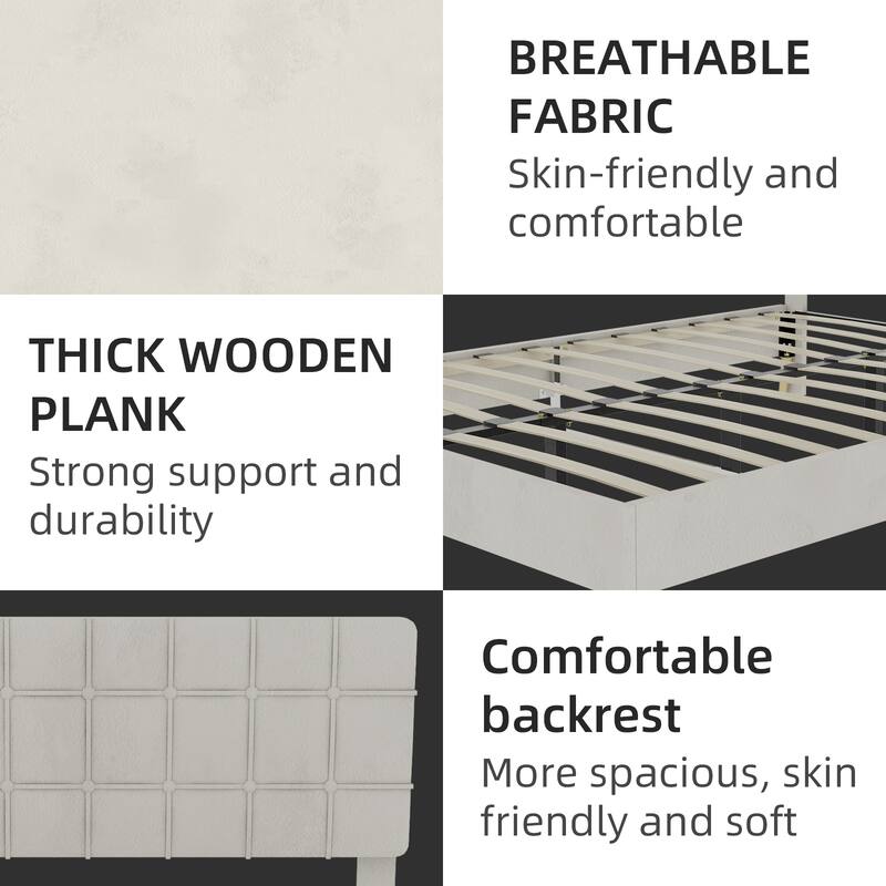 Queen Upholstered Bed Frame with Soft Headboard, Velvet Platform Bed with Wood Legs Modern Design
