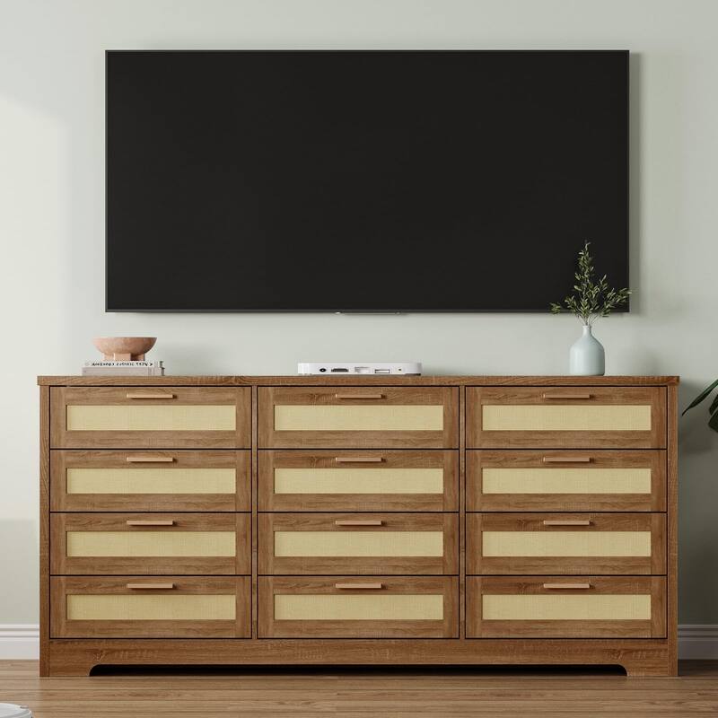 12 Drawer Dresser for Bedroom, Modern Farmhouse Rattan Chest of Drawers with Handles, Wood Dresser for Closet