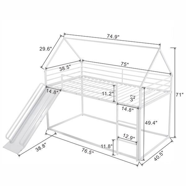 dimension image slide 1 of 2, Twin over Twin House Bunk Bed with Ladder and Slide, Metal Twin Size Bunk Bed Frame, Easy Assembly,Convertible Ladder,Black