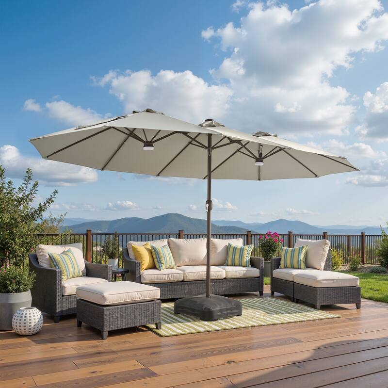 ​OVIOS 15ft Double-Sided Patio Outdoor Umbrella with Crank & Light - Light Grey
