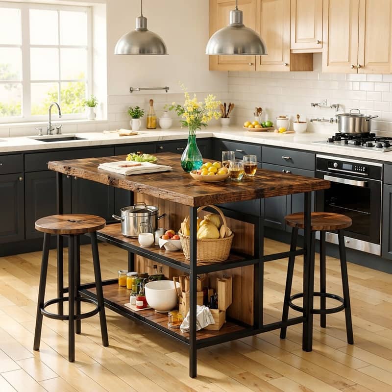 Grondin Mid-Century Modern 3-Piece Faux Marble Top Kitchen Island Set with 2 Stools and Shelves - Rustic Brown