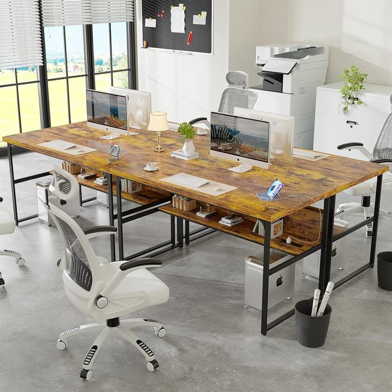 Executive Desk Computer Desk with Extra Thick Tabletop, Simple Office Desk Workstation Study Writing Table with Power Outlets