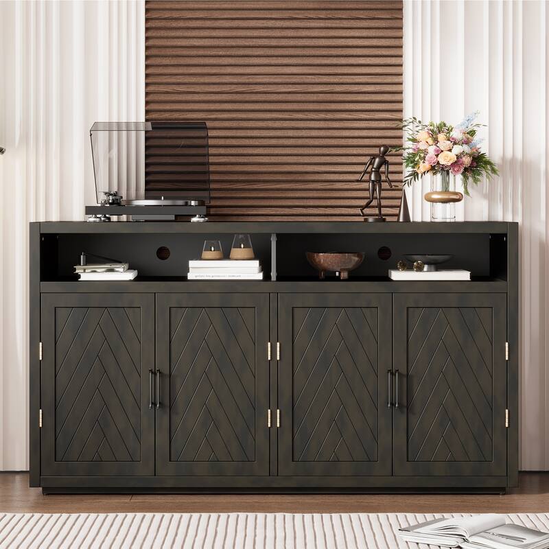 4 Door Sideboard with Open Storage and Adjustable Shelves