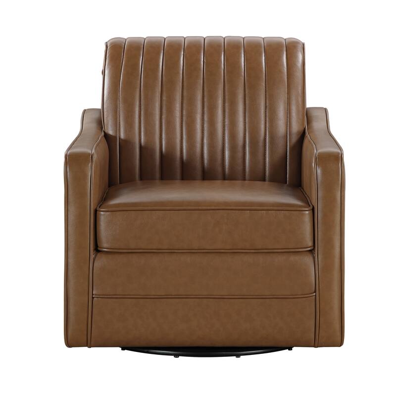 Vemy Swivel Chair, Vertical Channel Tufted Back, Brown Faux Leather