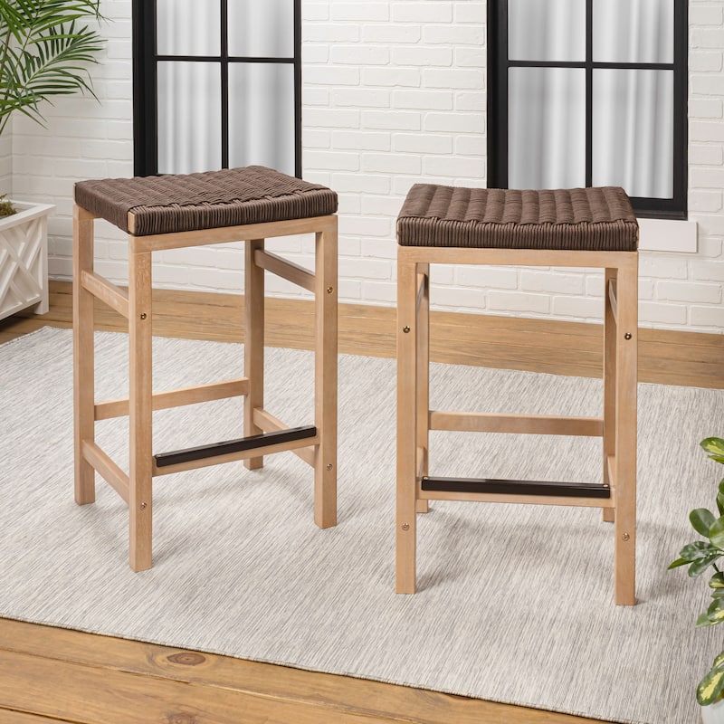 Armand Backless Acacia Wood Outdoor Stool with Woven Rope Seat, (Set of 2)