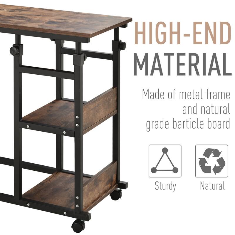 C-Shaped Mobile Side Table with 3-Tier Shelving, Adjustable Height