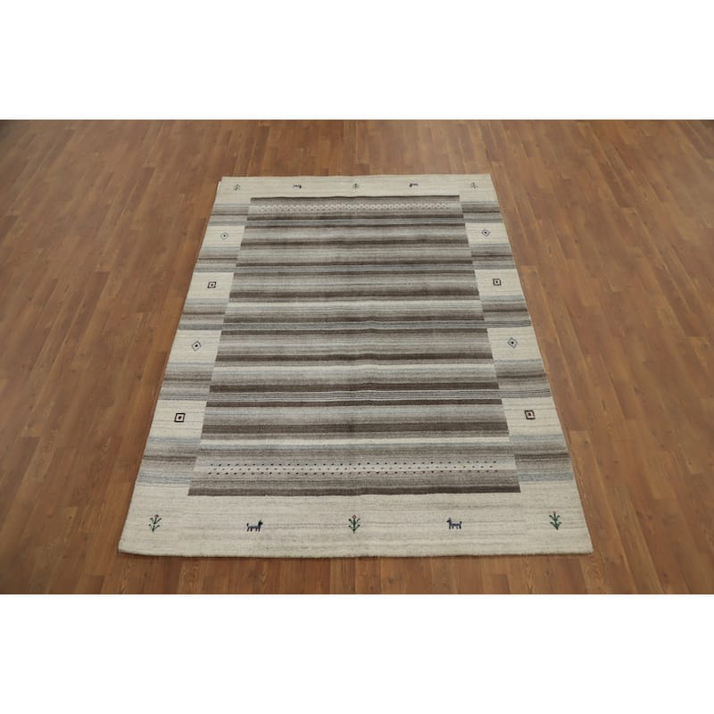 Hand Knotted Oriental 100% Wool Carpet Tribal Animal Pictorial Beige & Ivories Gabbeh Area Rug - 7' 8'' X 5' 4''