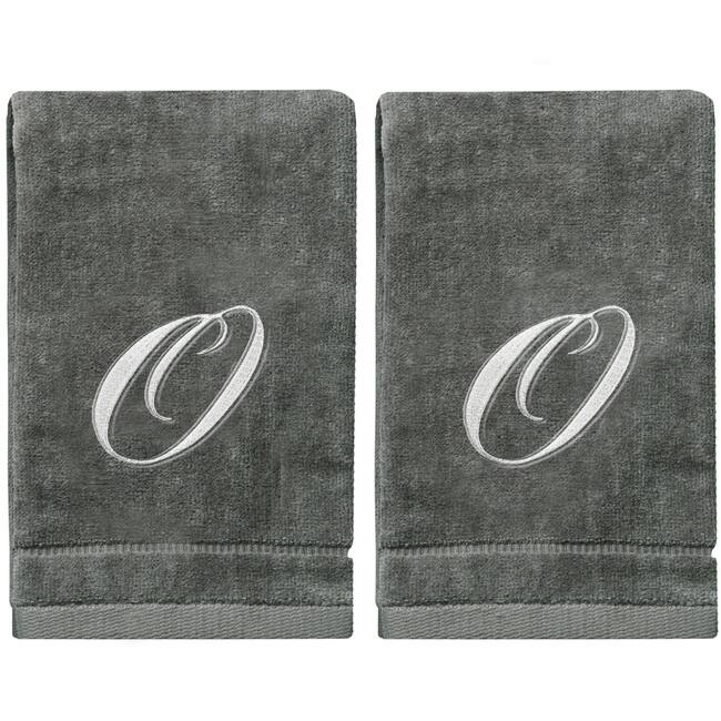Soft Velour Silver Monogrammed Towels Fingertip - Set of 2 - O