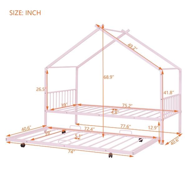 dimension image slide 0 of 3, Twin Size Metal House Bed with Twin Size Trundle