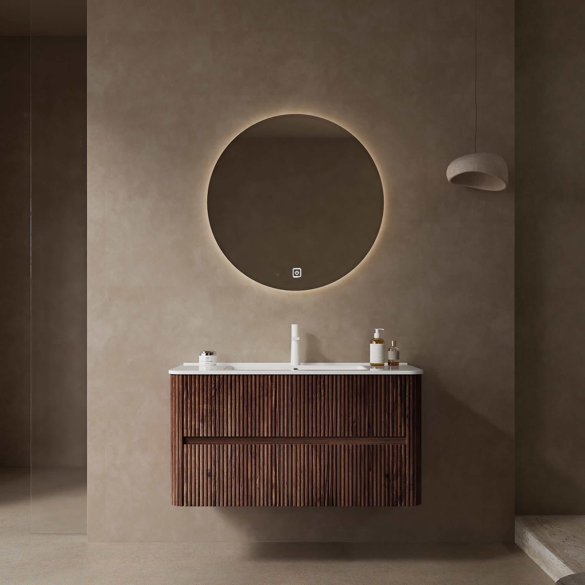 Single Sink Wall-Mounted Bath Vanity in Deep Walnut with White Ceramic Top