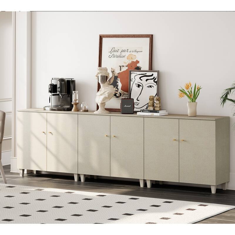 Sideboards Buffet Cabinets with Doors for Dining Room, 32.4"H - 3-In-1 - Beige Faux Linen