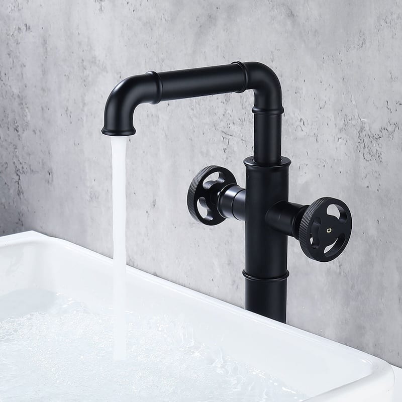 12.5"H Solid Brass Industrial Style Double Handle Bathroom Vessel Sink Faucet