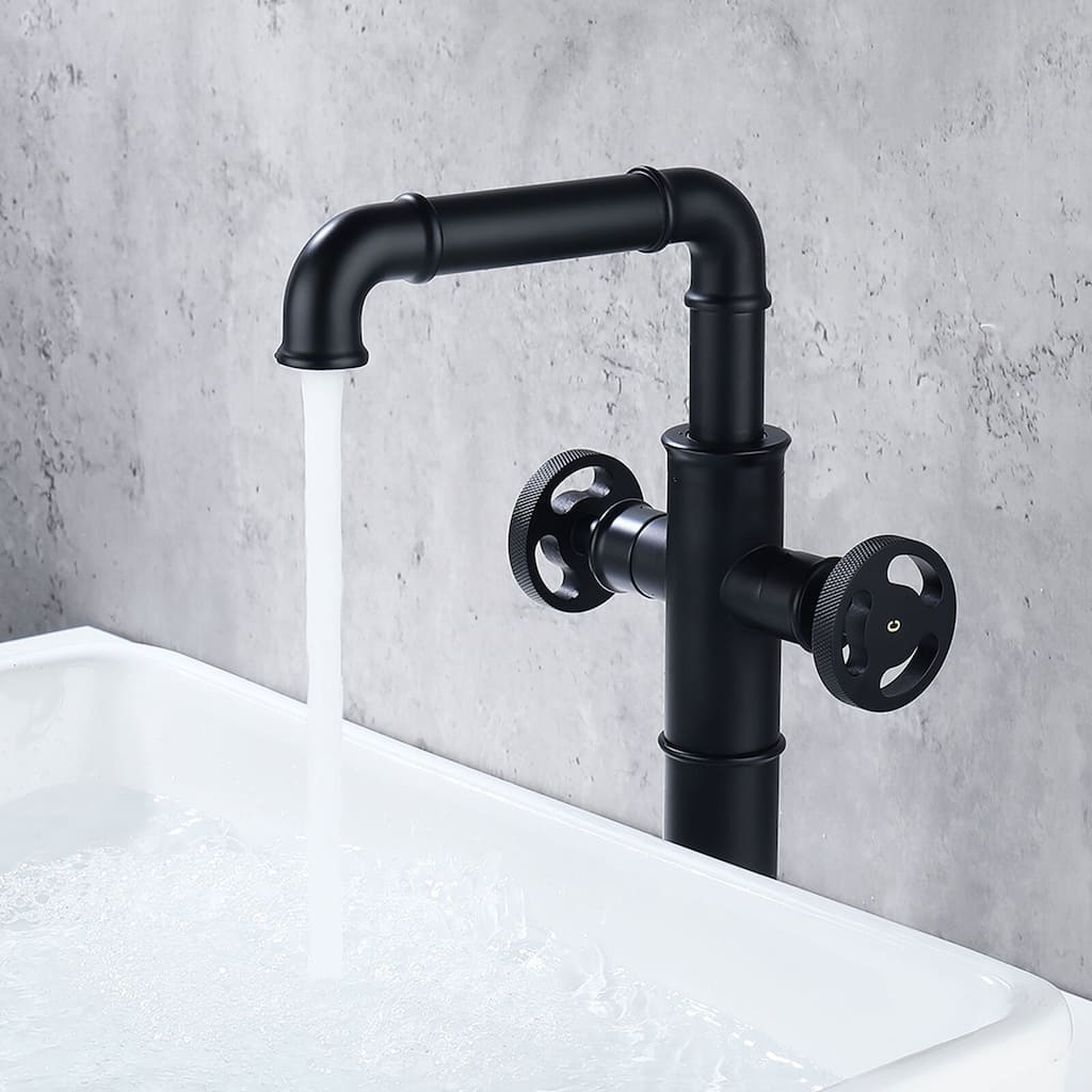 12.5"H Solid Brass Industrial Style Double Handle Bathroom Vessel Sink Faucet