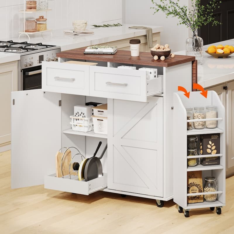47.2" Farmhouse Kitchen Island with Drop Leaf,Removable Side Racks and Two Drawers