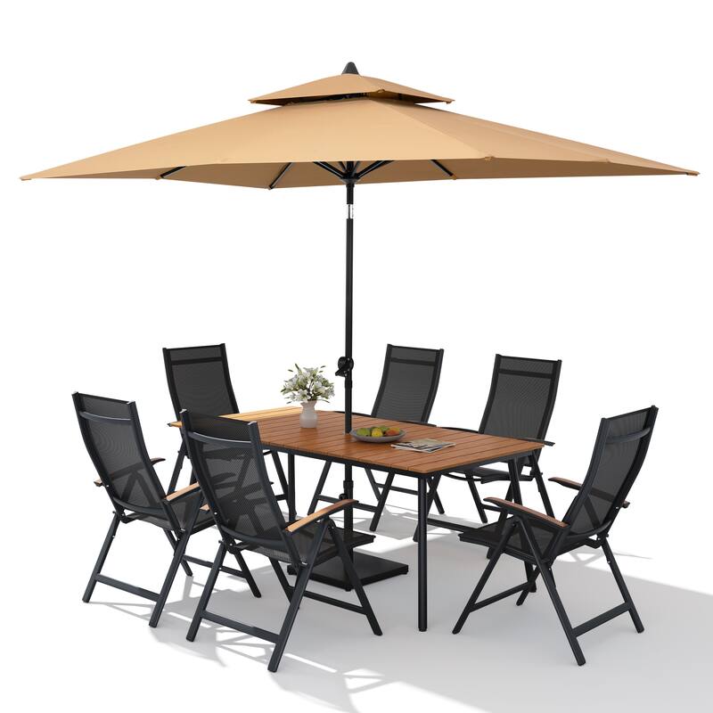 9PC Outdoor Patio Dining Set Wood-Like Aluminum Umbrella Hole Table with Folding Chairs,Double Top Market Umbrella and Base