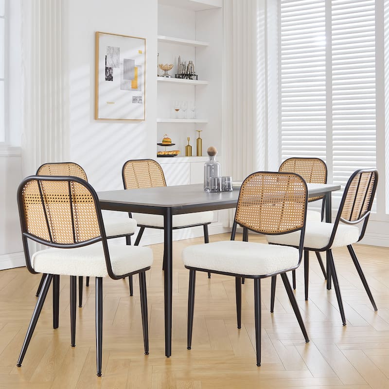 Upholstered Rattan Dining Chairs Set of 2 Side Chair - 33.86"H x 18.9"W x 22.83"D - Set of 6 - White