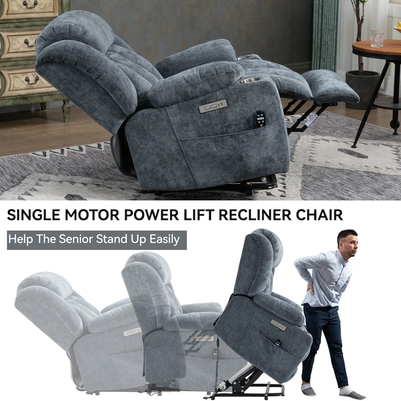 Casual Chenille Power Lift Recliner Chair, Lving Room Single Massage Sofa Chair w/Lumbar Heating, Type-C Ports and Cup Holders