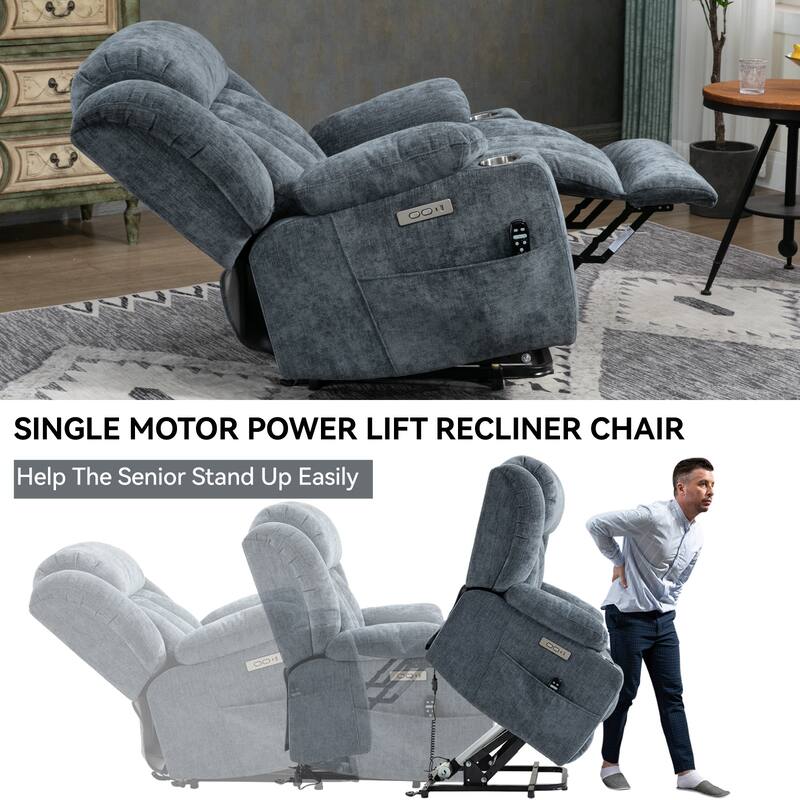 Grey Power Lift Recliner with Massage, Heat & Cup Holders