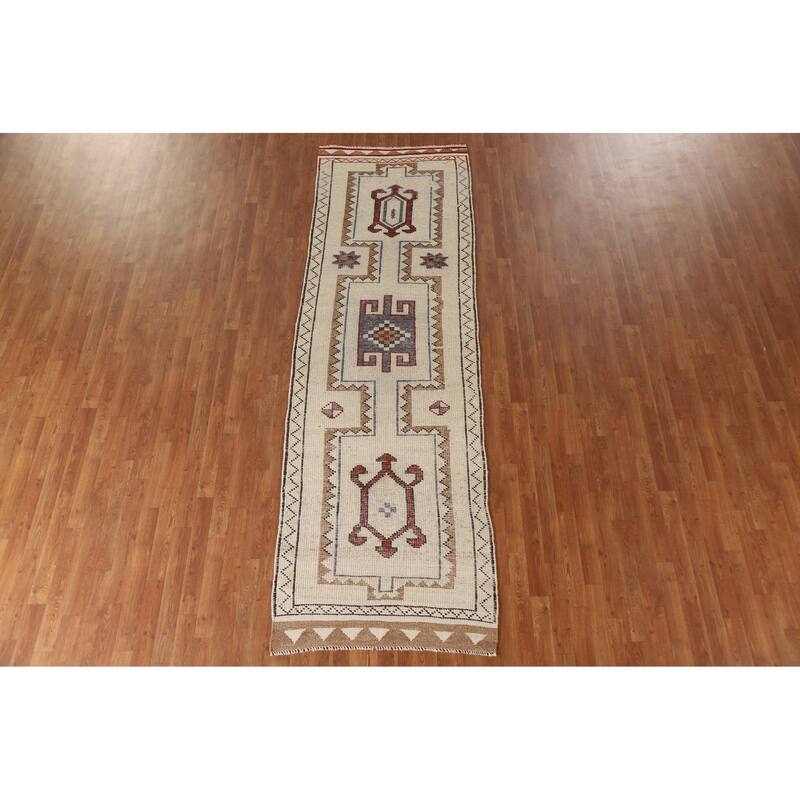 Natural Dye Anatolian Runner Rug Handmade Turkish Beige Wool Carpet - 3'4"x 10'6"