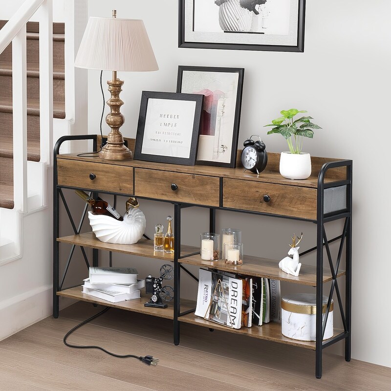 Console Table with Outlets and USB Ports Narrow Entryway Table with 3 Drawer
