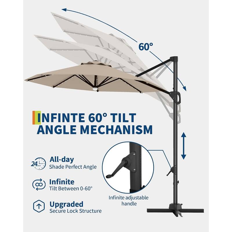 10FT Outdoor Cantilever Umbrella Patio Umbrella Solar LED with Base Included, 360-Degree Rotation