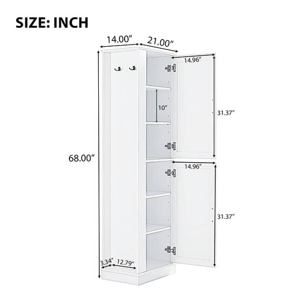 Modern Tall Bathroom Cabinet, Freestanding Storage Cabinet with Hooks and Adjustable Shelves, for Bathroom, White