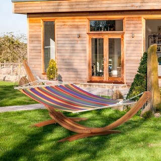 Outsunny 1-Person Hammock with Stand Set for Outside & Inside, 154" x 47" Wooden Frame, Cotton Fabric Bed, Safety Cords