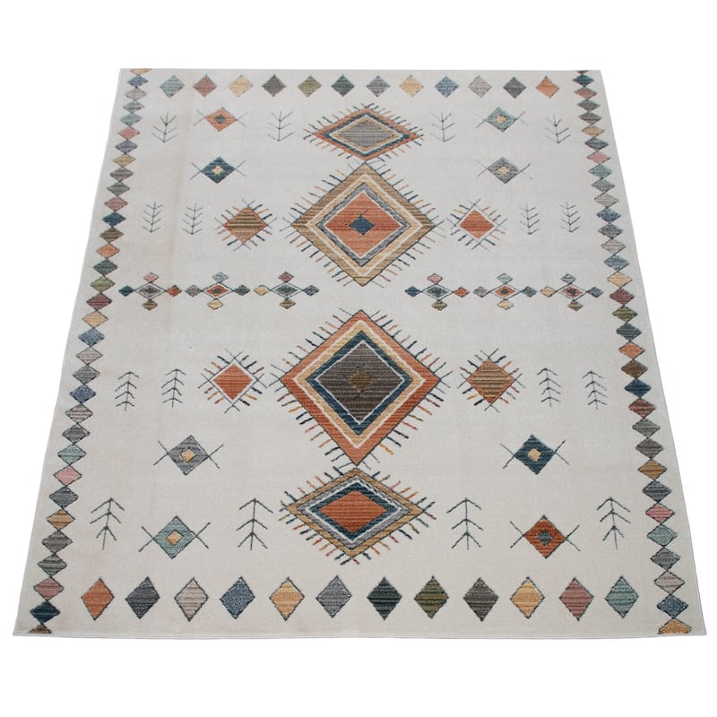 Ethnic Design Rug in Cream with Traditional colorful Patterns