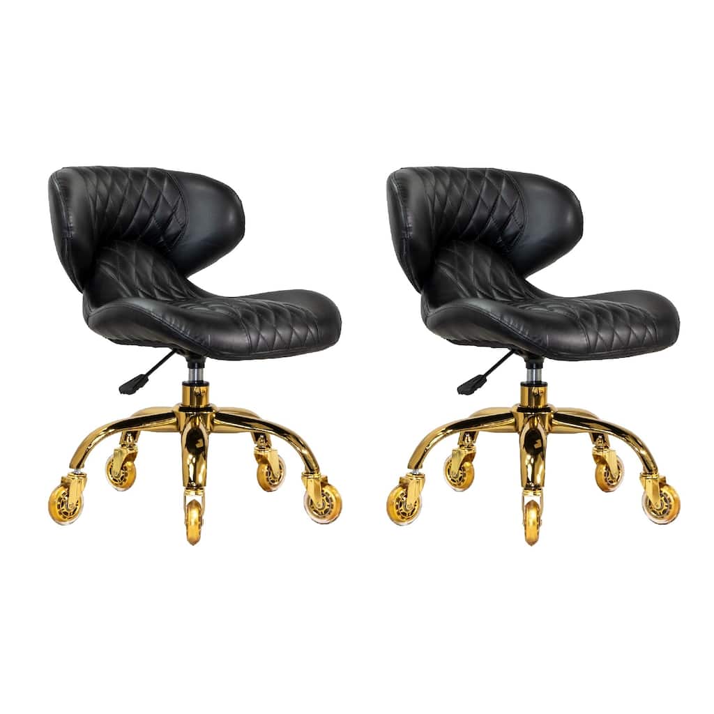 Set of 2 Hugo Short Stool Adjustable 13" to 15" Low Rolling Chair with Backrest, Black Gold - N/A