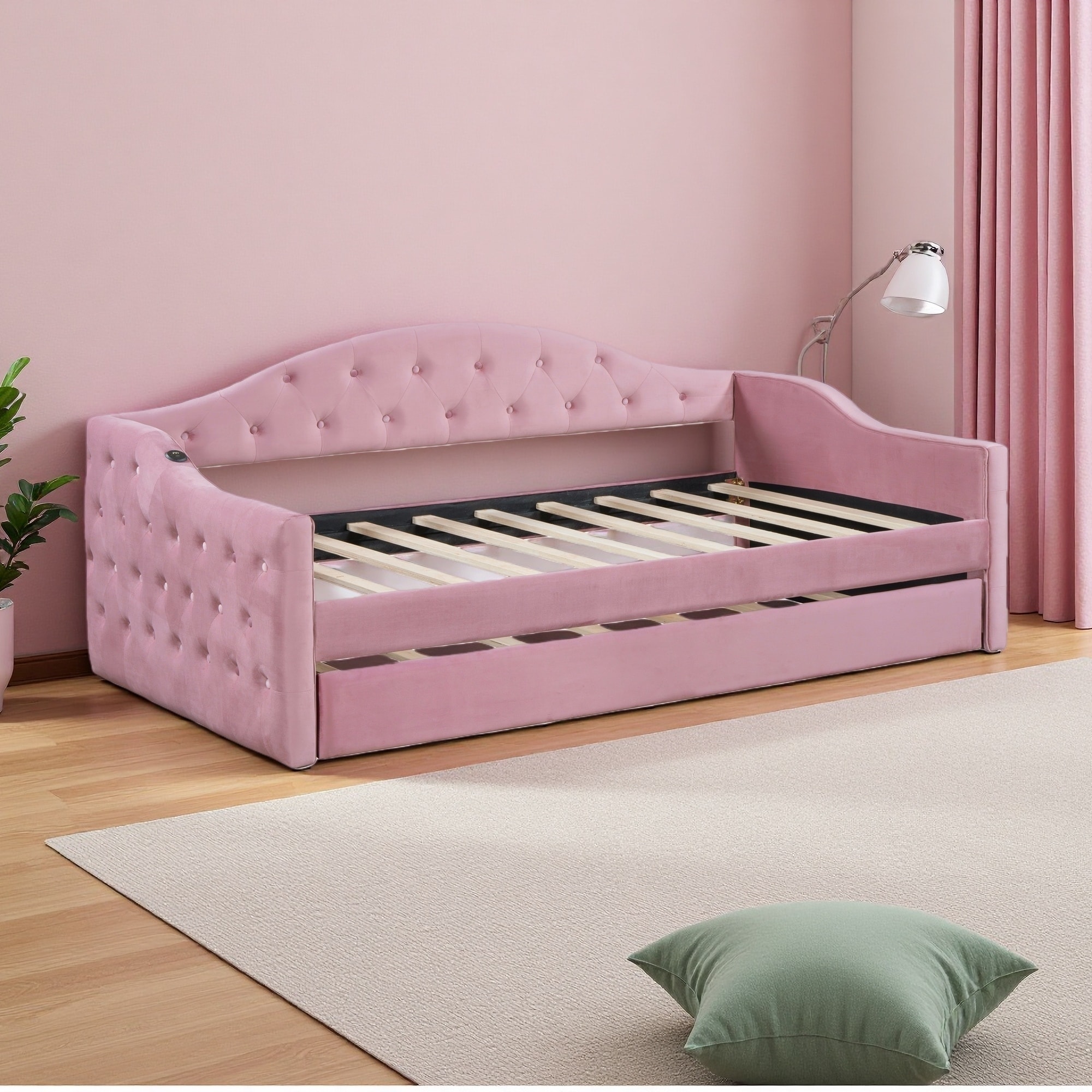 Twin Velvet Tufted Upholstered Daybed with Trundle & USB Ports