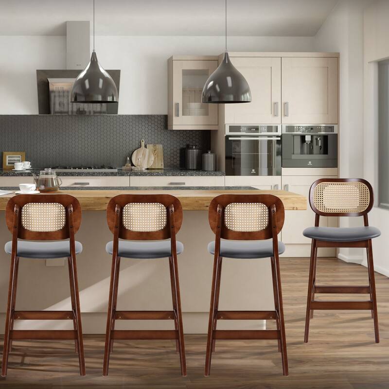 Wood Upholstered Counter Height Bar Stools with Rattan Back - 36.81"H x 17.72"W x 18.7"D