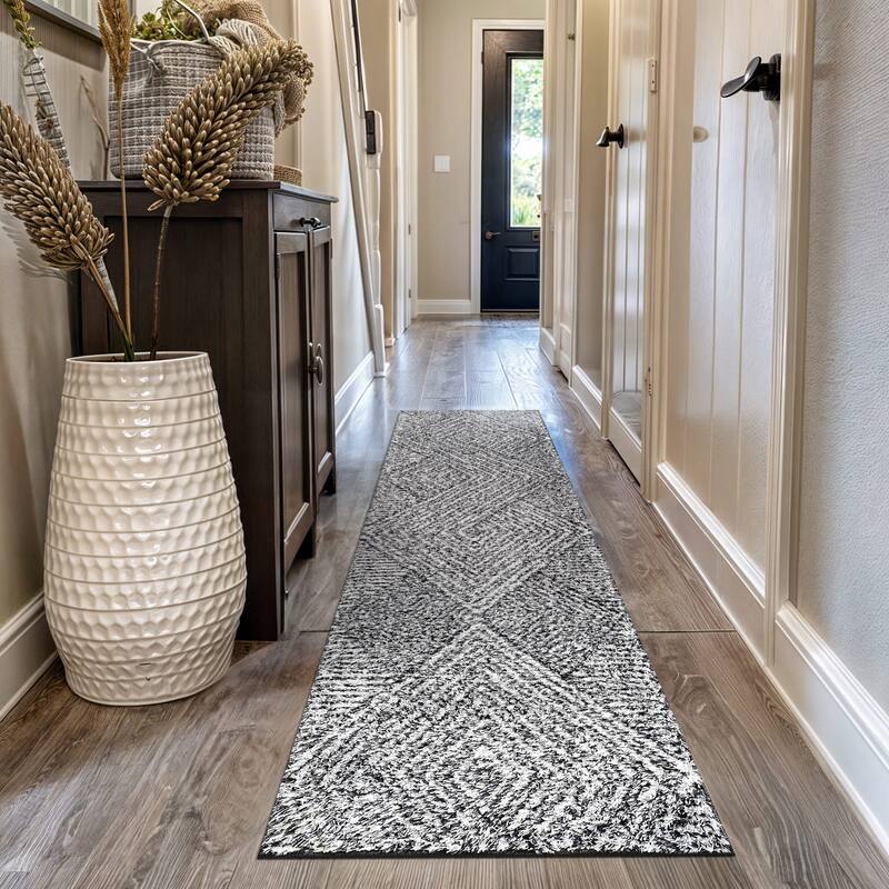 Minimal Stripe Geometric Shag Rug - Anthracite Dark Gray - Medium Pile - Cozy & Modern - White - 2' 3" x 12'