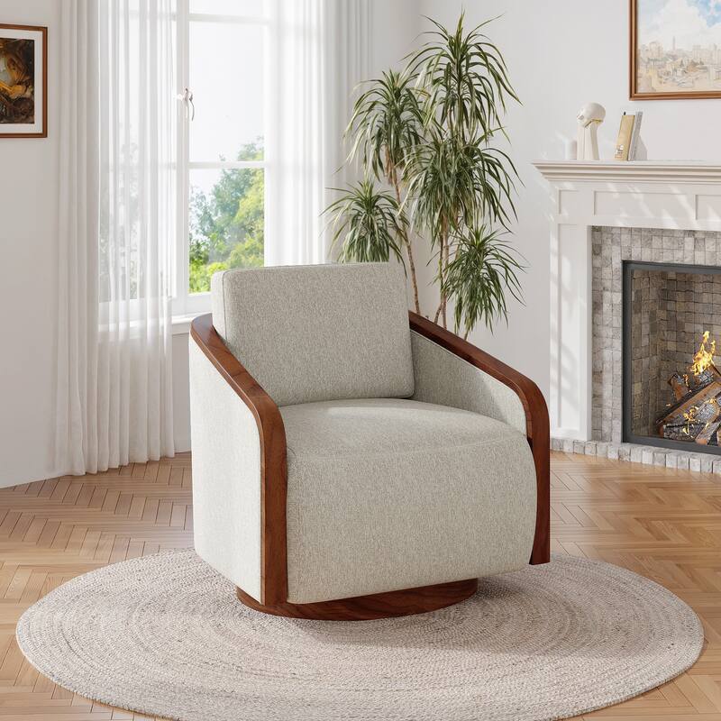 Upholstered Swivel Barrel Chair with Curved Wood Arms