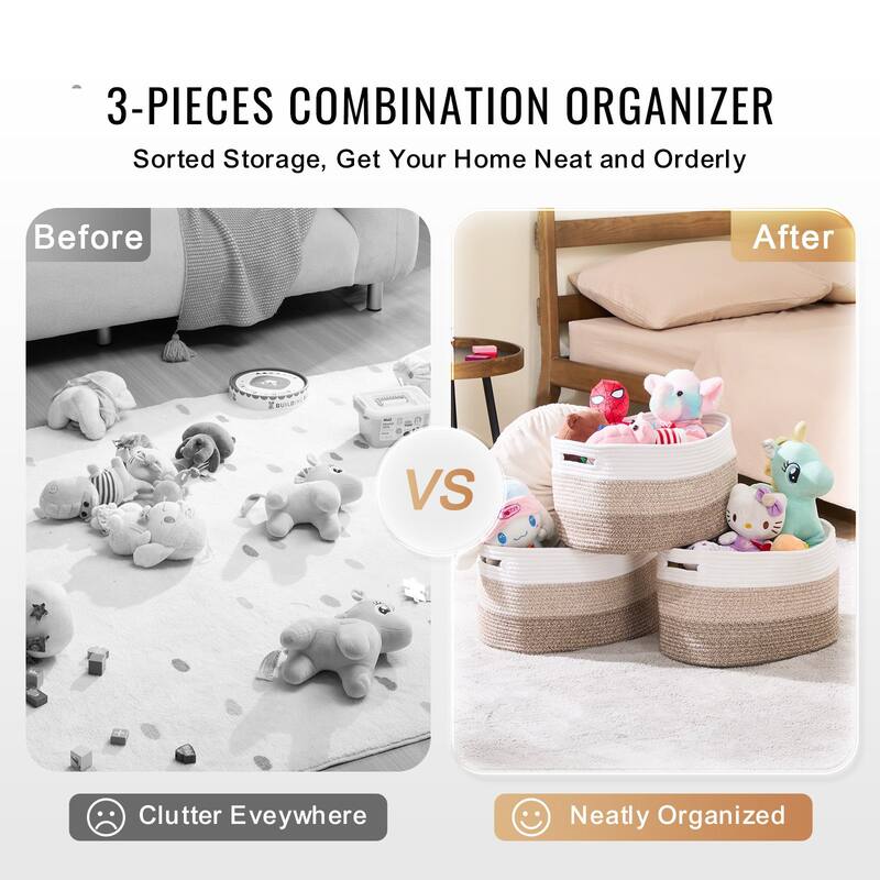 Cotton Rope Storage Baskets Set of 3 Woven Organizers for Home Use - 15 x 10 x 9 in