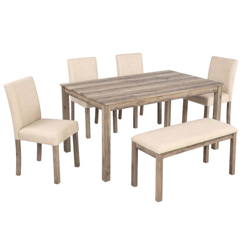 6 Piece Wooden Rectangular Dining Kitchen Table with 4 Upholstered Chairs and Bench, for Dining Room Furniture