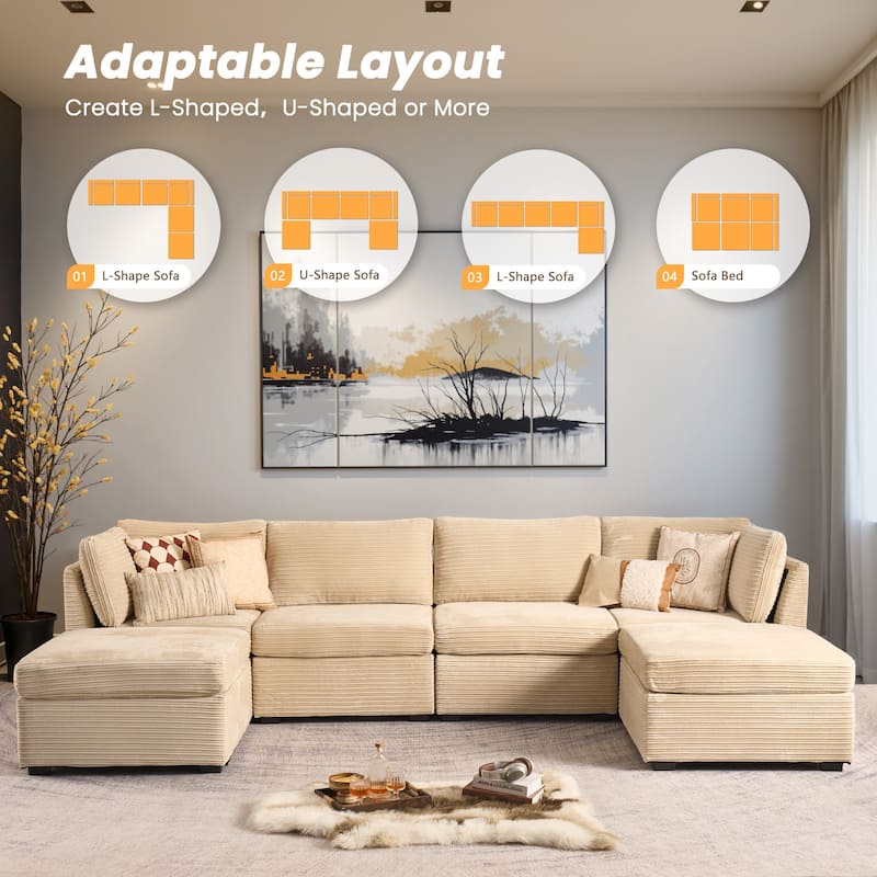 HOOOWOOO Modular U-shaped Corduroy Fabric Sectional Sofa Couch with Ottoman