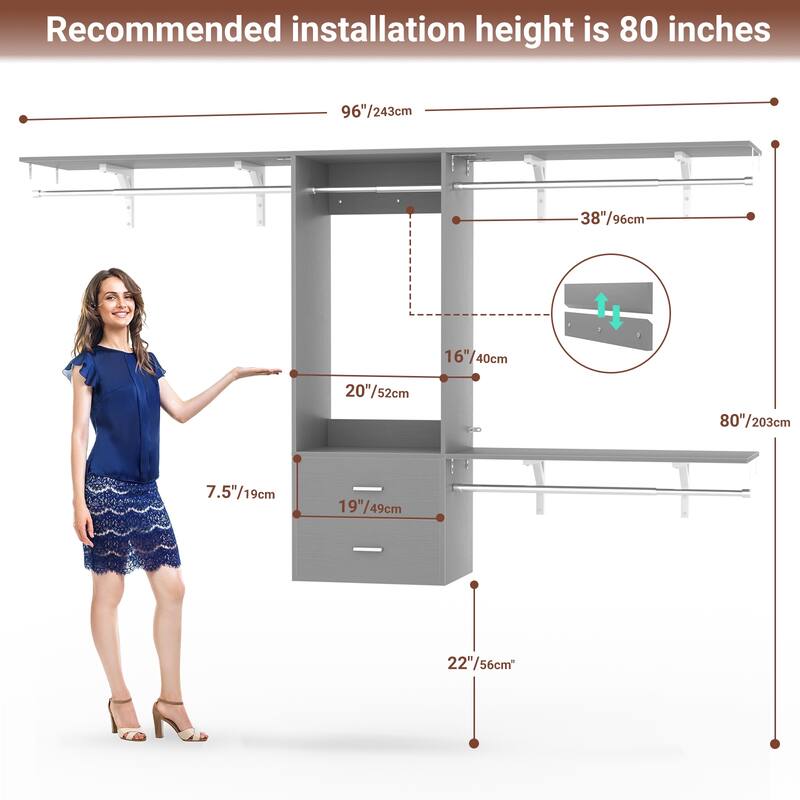 96'' Hanging Closet System with 3 Hanging Rod ＆ 3 Shelving Towers ＆ 2 Drawers,8FT Walk in Closet Organizer System