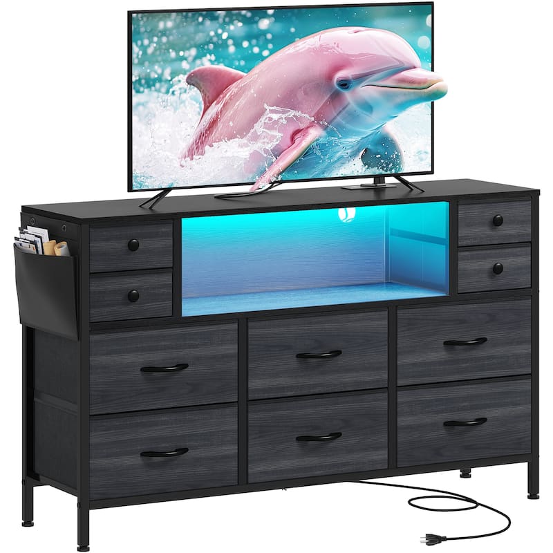 Moasis 10-drawer Dresser Media Console with Charging Station, RGB Lights, Side Pockets & Hooks